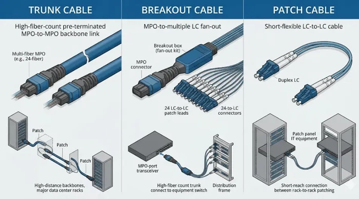Comparison diagram of trunk cable, breakout cable, and patch cable in data center cabling Comparison diagram of trunk cable, breakout cable, and patch cable in data center cabling